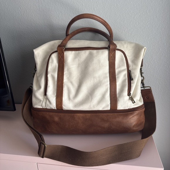 The Unbranded Brand Handbags - Canvas Weekender Carry-on Duffle Bag Cream/Brown Shoe Compartment/Laptop Sleeve